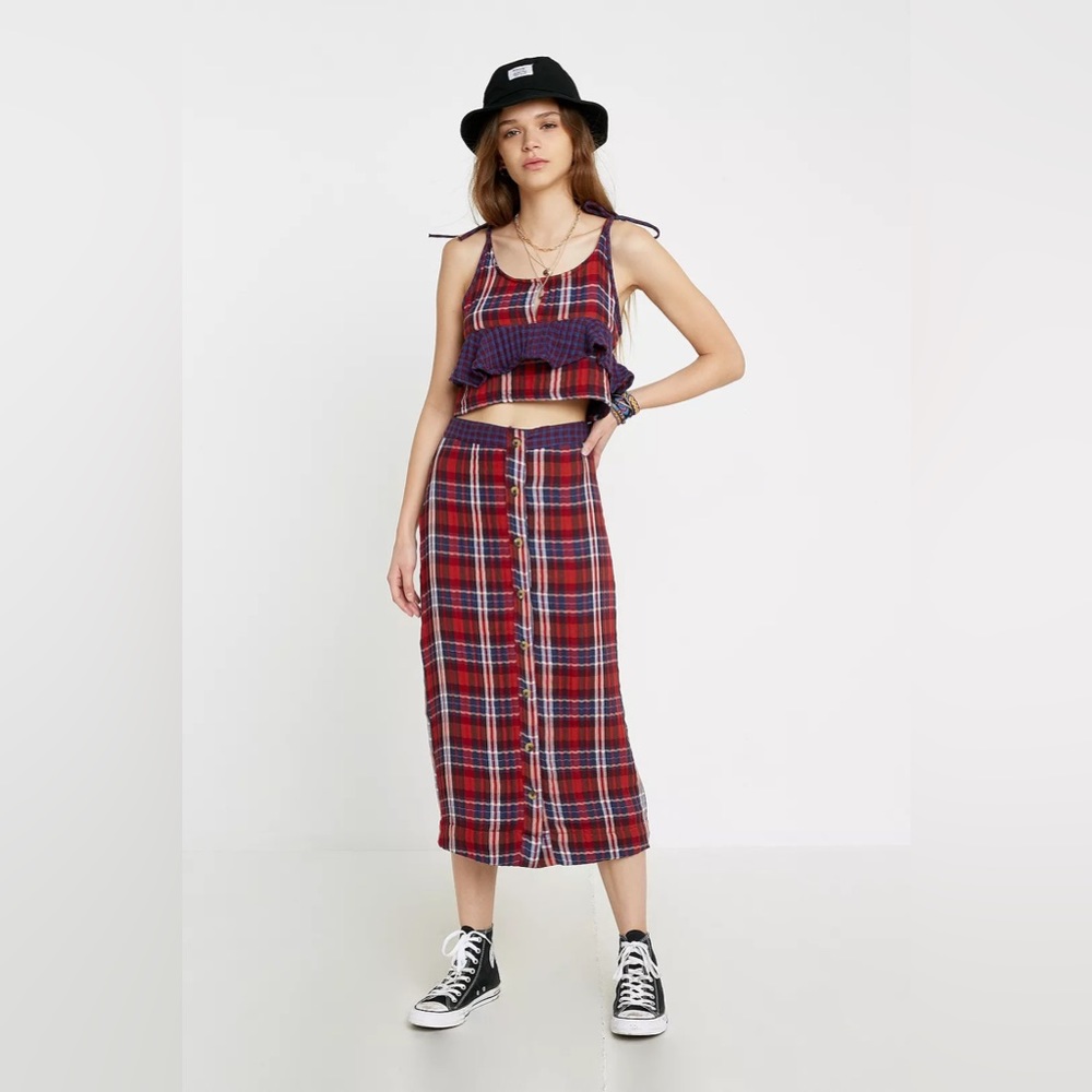 SET Urban Outfitters Red Plaid Cotton Muslin Gauze 2 piece set top and skirt